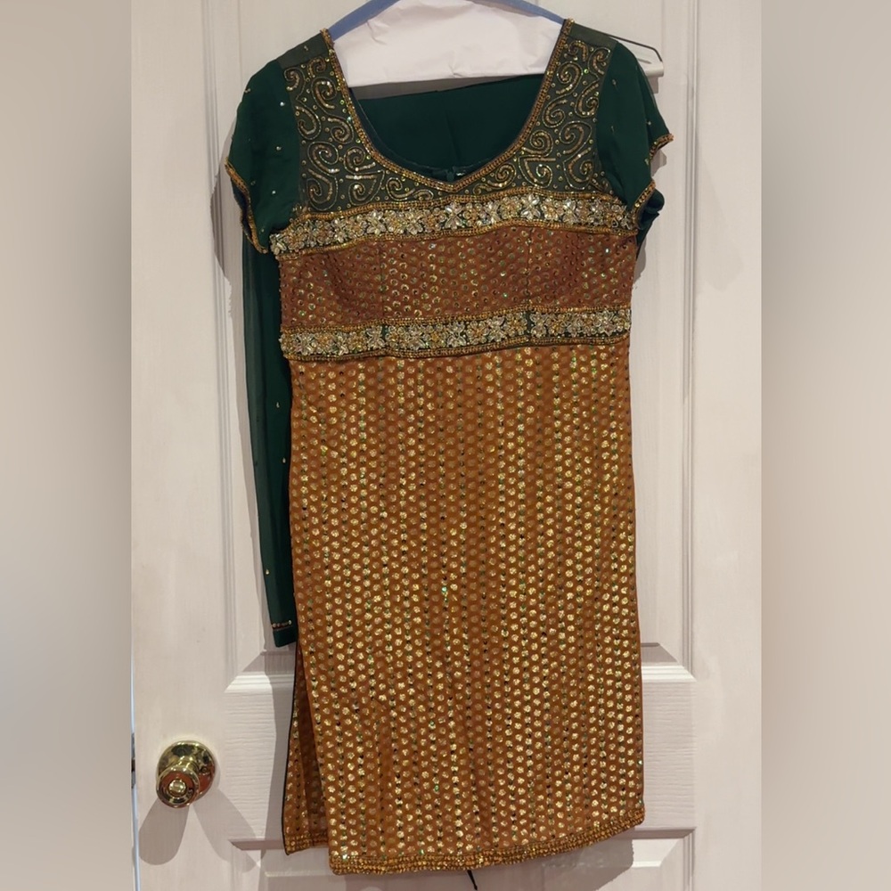 Elegant Green and Gold Embellished Dress